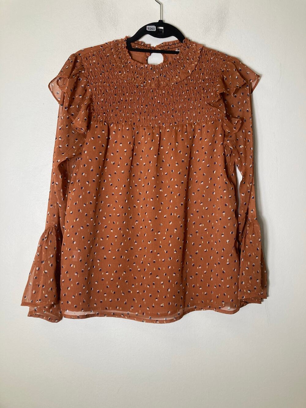 Jade Brown Navy Dot Smocked Chest Blosue Sz Xs